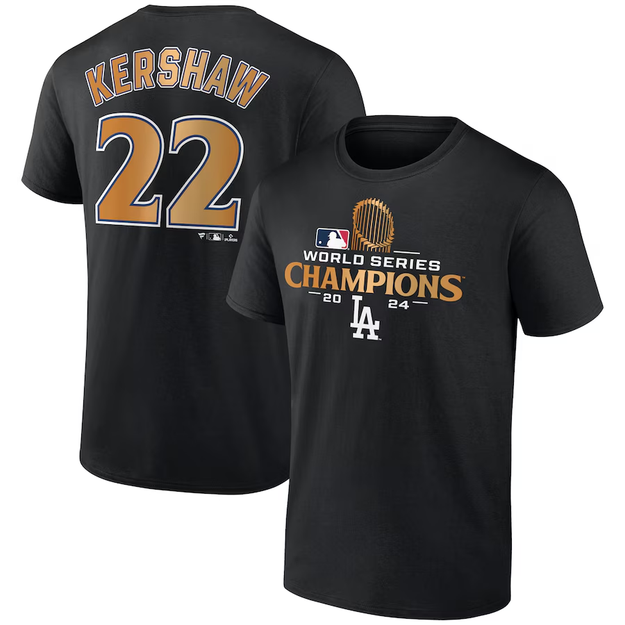 Men Los Angeles Dodgers #22 Kershaw 2024 MLB World Series Champions black T shirts->mlb t-shirts->Sports Accessory